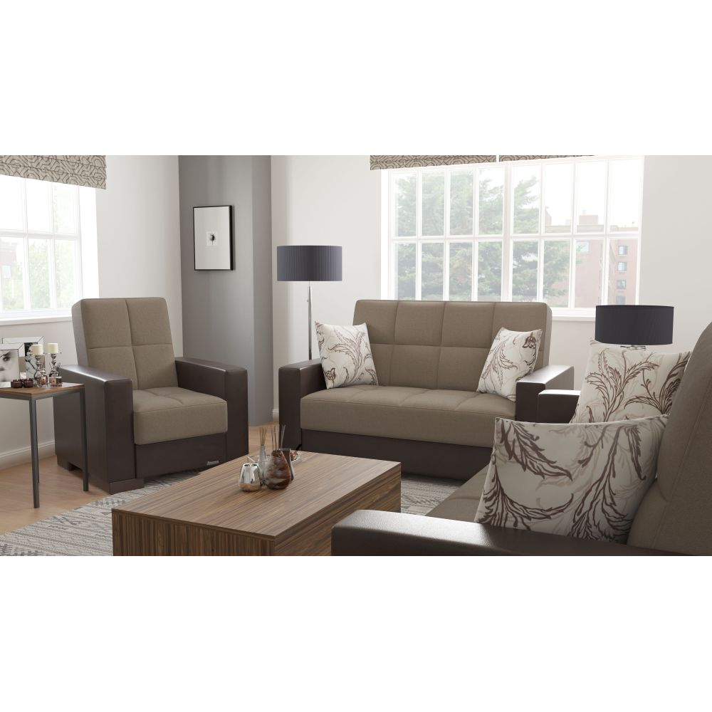 PrimeNest ZenAero Collection Upholstered Convertible Loveseat with Storage, Beige/Brown-PU Chenille