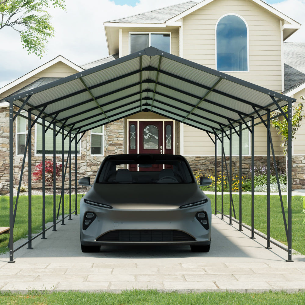 12*32 FT Carport, Heavy Duty Carport with Galvanized Steel Roof and Frame, Metal Carport Large Garage with 4 Fixed inclined square tube supports