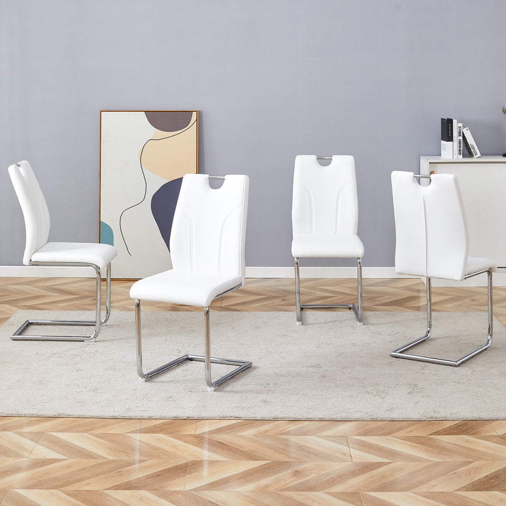 White PU Dining Chair Set.Uniquely designed white dining chairs. PU material, paired with silver metal chair legs. Suitable for offices, restaurants, kitchens, conference rooms, etc.(Set of 6)