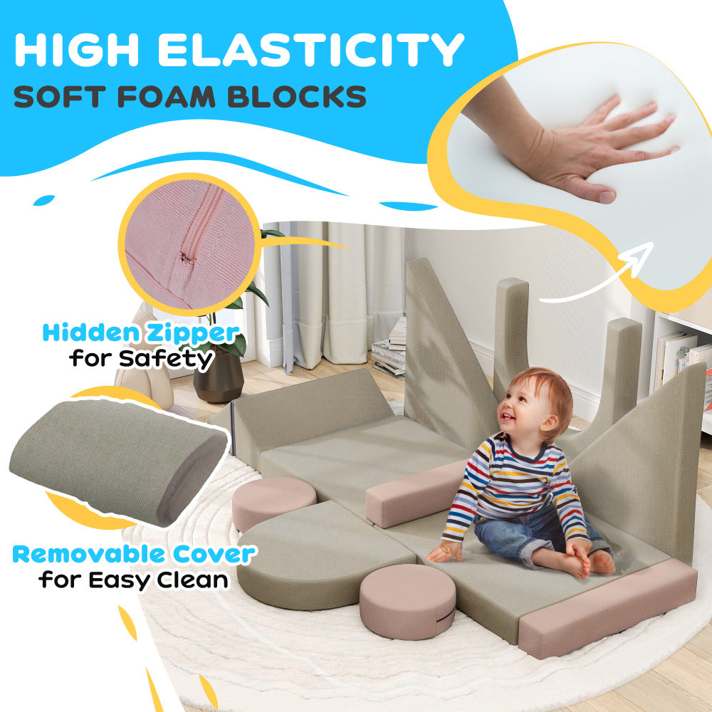 Qaba Modular Kids Play Couch, 12 Pieces Kids Couch for Playroom Bedroom, Convertible Foam Floor Cushions for Boys and Girls, Pink