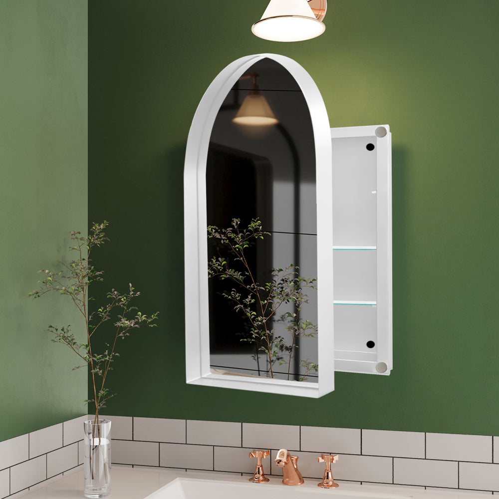 31.5 Inch Surface Mount Round Metal Framed Medicine Cabinet with Mirror and Adjustable Shelves Black Wall Mirror with Storage for Bathroom, Matte Gold