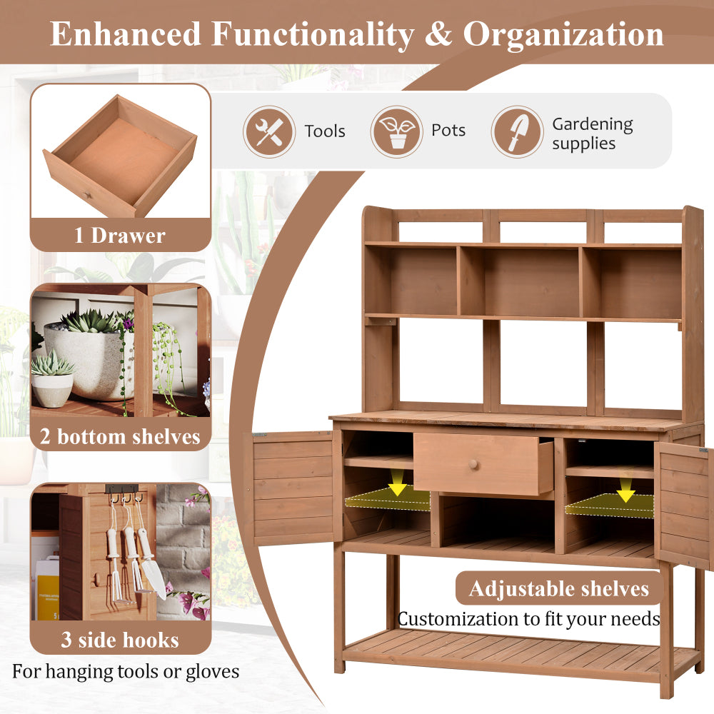 [Assembly Video Available] Topmax Solid Fir Wood Potting Bench Garden Workstation with Hutch, Drawer & Adjustable Shelves, 50.2x19.7x66.1 Inch Outdoor Garden Work Table for Backyard Planting,Brown