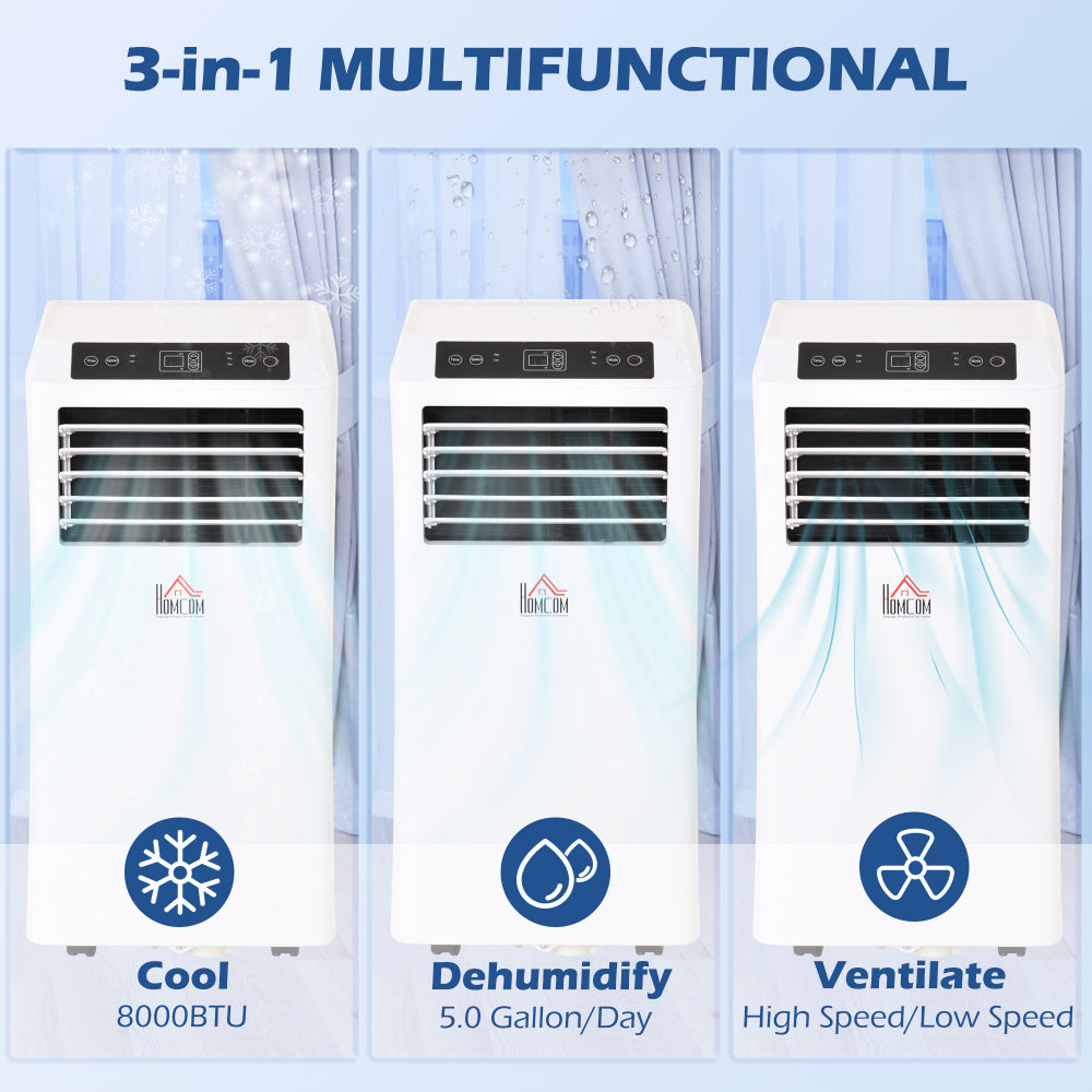 HOMCOM 8000 BTU Mobile Portable Air Conditioner with Cooling, Dehumidifier, Ventilating, Remote Control, 24-Hour Timer, Portable AC Unit for Bedroom, Living Room, Home Office, White