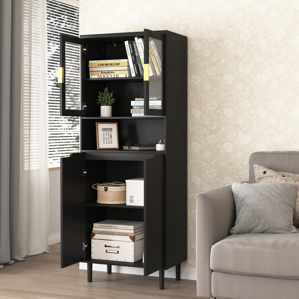 Tempered Glass Door Tall Storage Bookcase with adjustable board, 4 doors MDF painting finished cabinet, Black, Living room Bedroom storage