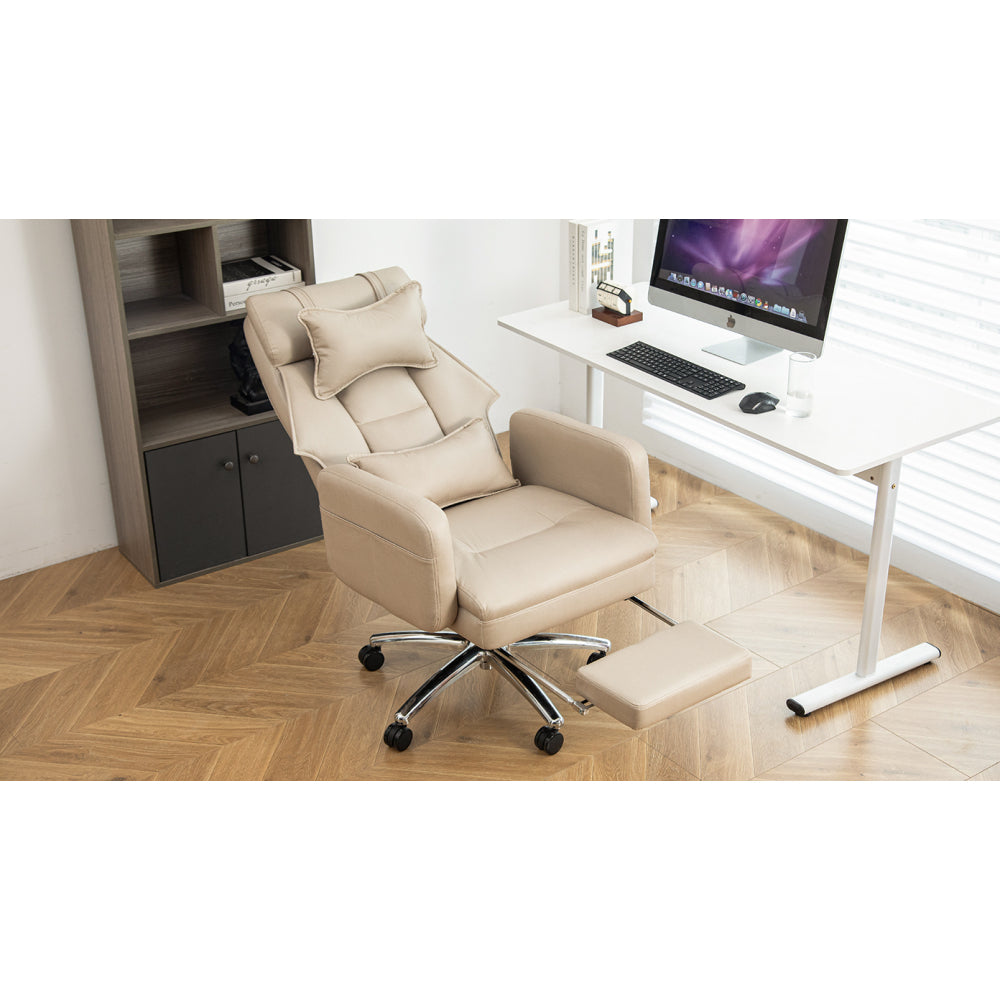 Swivel Ergonomic Office Chair, Technology Leather  High Back Office Chair with Lumbar Support Headrest, Sedentary Comfortable Boss Chair, 155° Reclining Computer Chair (Color : Beige)