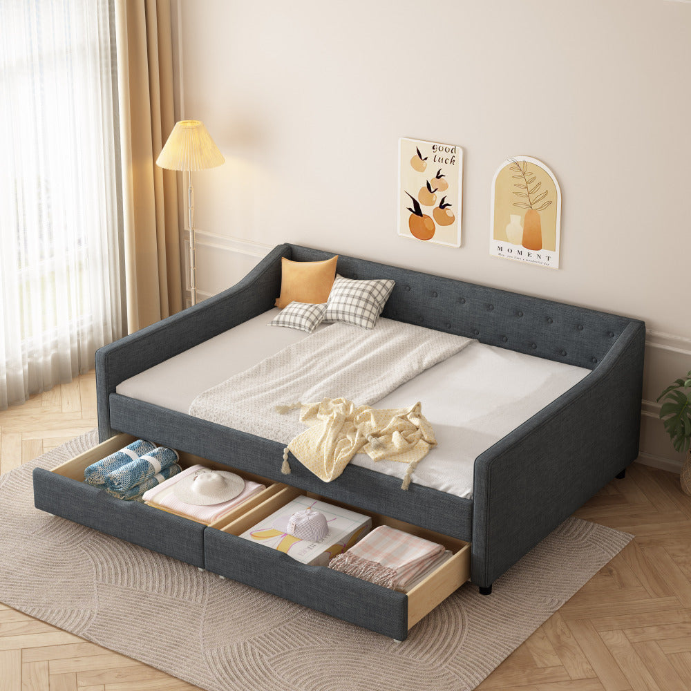 Twin Size Daybed with Drawers Upholstered Tufted Sofa Bed, with Button on Back and Piping on Waved Shape Arms-Light Grey