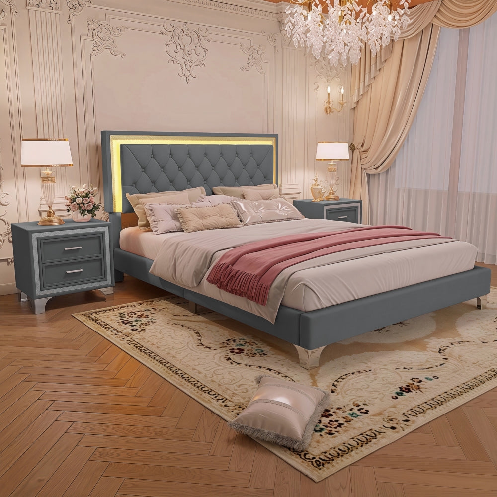 3-Pieces Bedroom Sets,Queen Size Upholstered Platform Bed with LED Lights and Two Nightstands-Gray