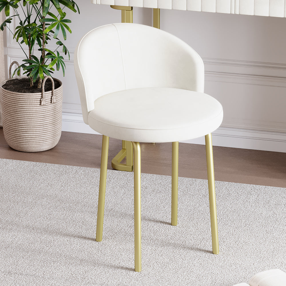 Velvet Upholstered Vanity Desk with Chair, Vanity Set with 5 Big Drawers, Makeup Table with Padded Chair, Marble-Look Sticker Top Dressing Table with Left/Right Adjustable Storage, Beige