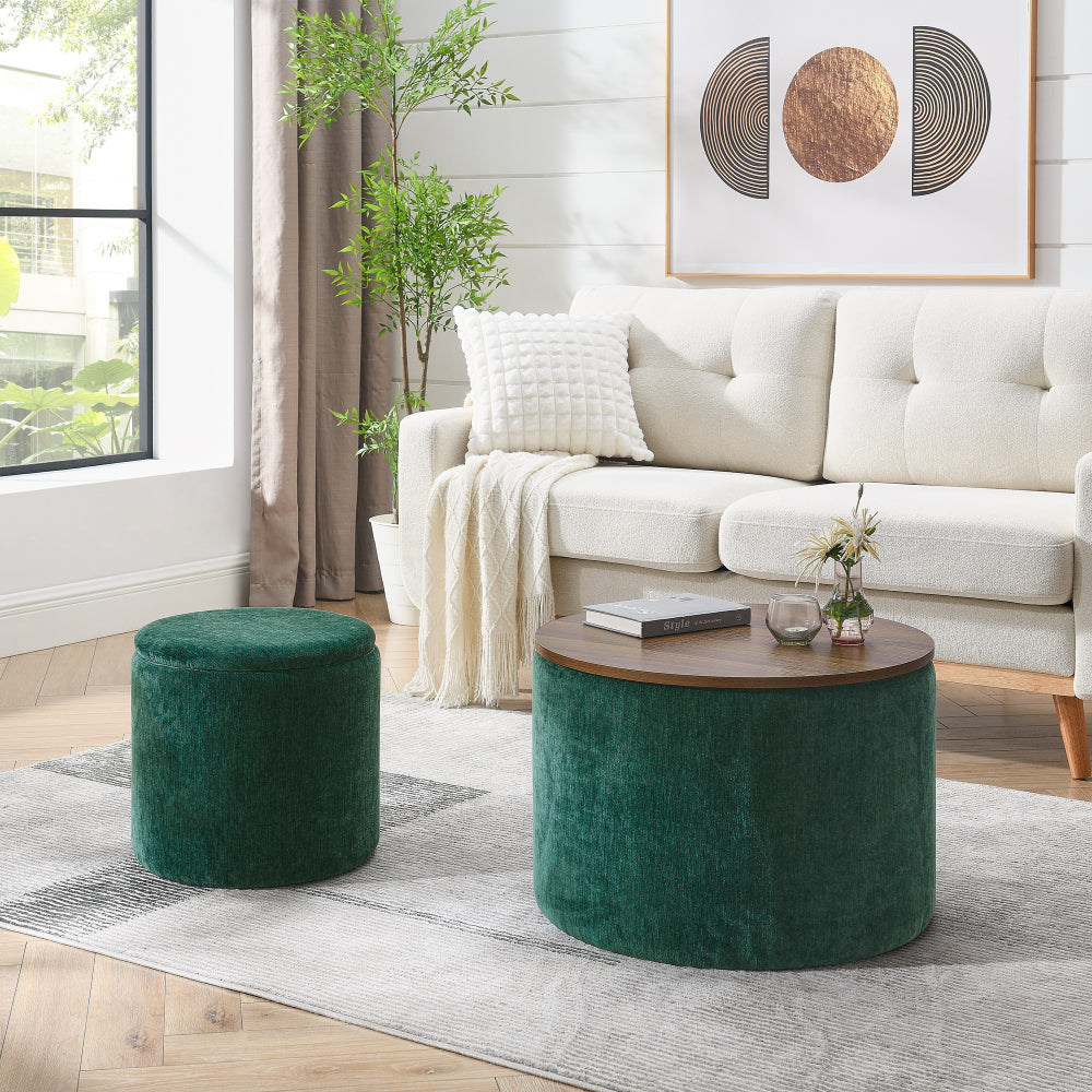 2-Piece Set Round Chenille Storage Ottoman, Equipped with a Drum Shaped Small Stool, Storage Space, and MDF Made Desktop Panel (Beige 23.62"x23.62"x16.53")