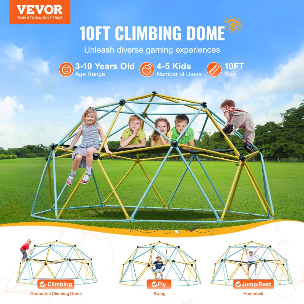 Climbing Dome, for Kids 3 to 10 Years Old,10FT Geometric Dome Climber with Hammock and Swing,  Jungle Gym Supports 750LBS and Easy Assembly, with Climbing Grip, Outdoor Backyard Play Equipment