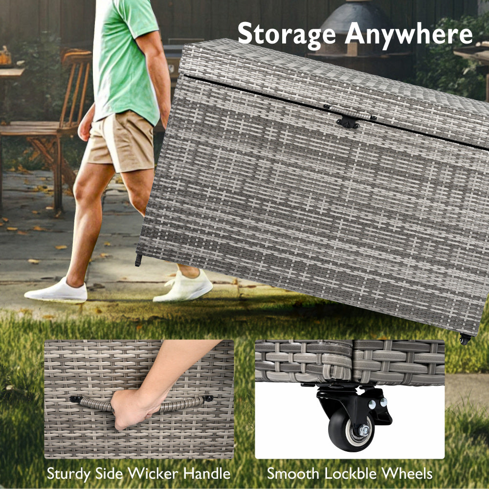 K&K 230 Gallon Wicker Deck Box with Wheels, All-Weather Outdoor Storage Box, Rattan Storage Bin for Patio Furniture, Outdoor Cushions, Pool Storage and Garden Tools - Grey