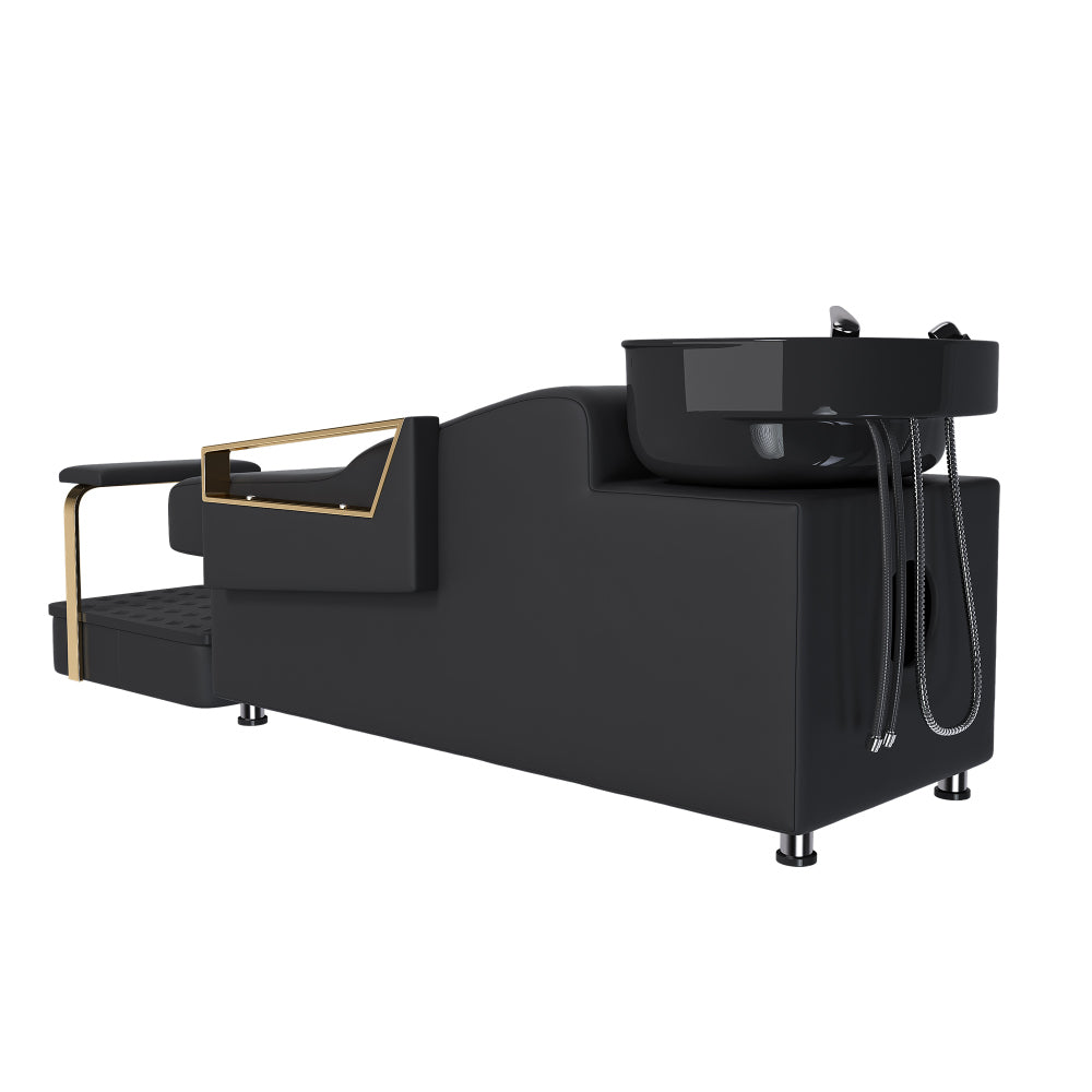 Shampoo Bowl and Chair Set for Salon, Hair Washing Station for Hair Stylist, ABS Shampoo Bowl Sink Chair with Independent Footrest for Spa Beauty Barbershop(Black+Gold)