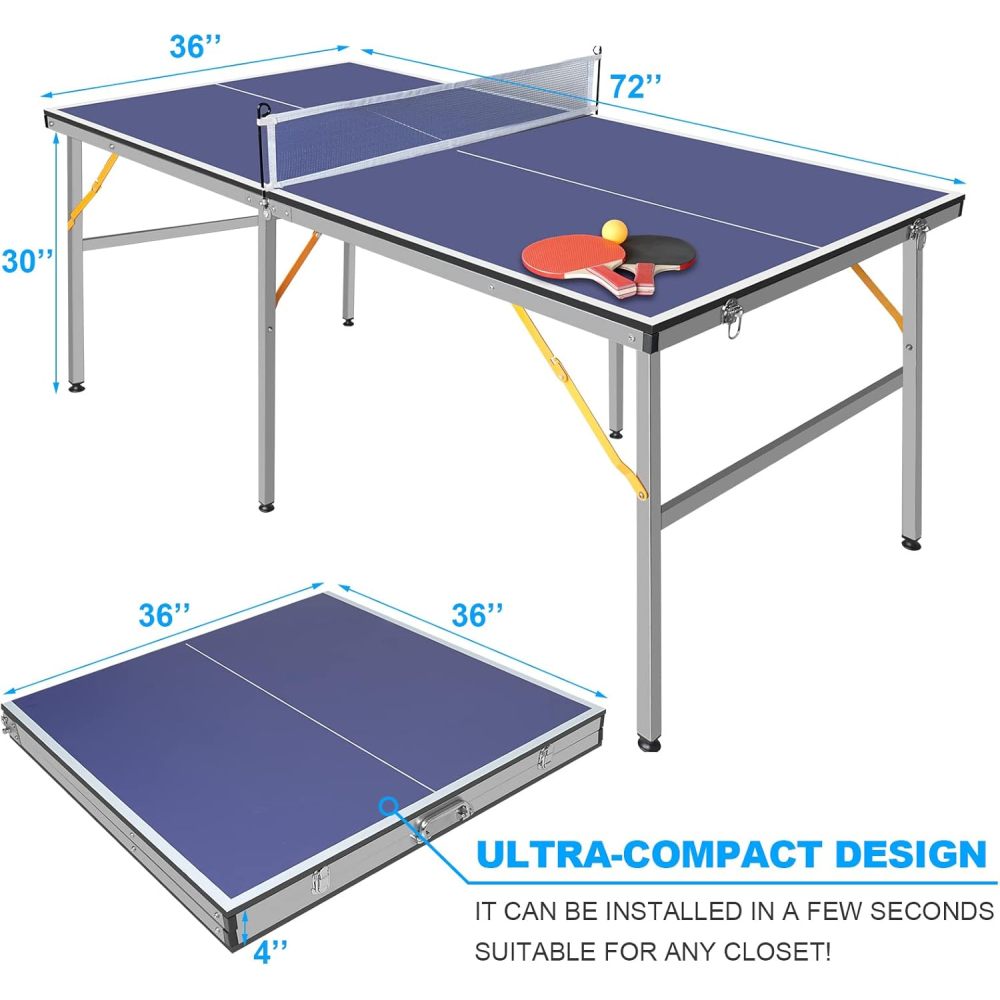 DOUBLE FISH 6ft Mid-Size Blue Foldable Portable Ping Pong Table Indoor Outdoor Game Set with Net 2 Paddles 3 Balls