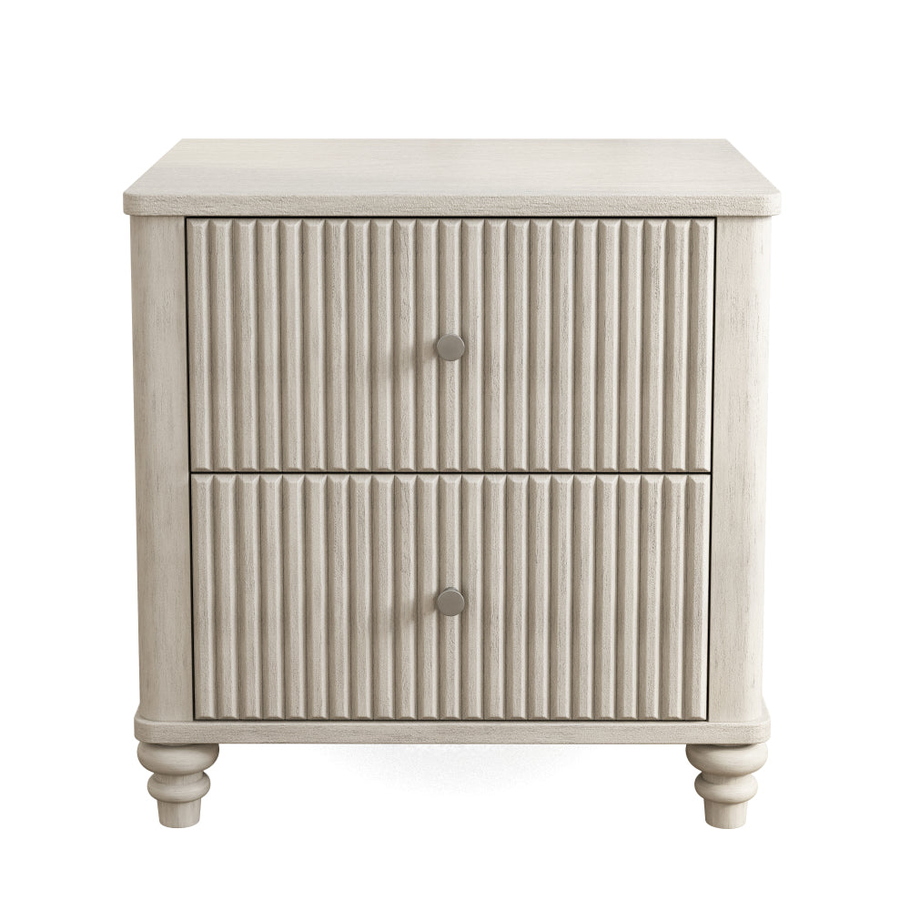 Fluted Nightstand, 21.65" Wide Side Table with 3 Drawers, Mid Century Modern Wood NightStand with Metal Handle, Wooden Bedside End Table for Bedroom, Living Room, Closet, Beige