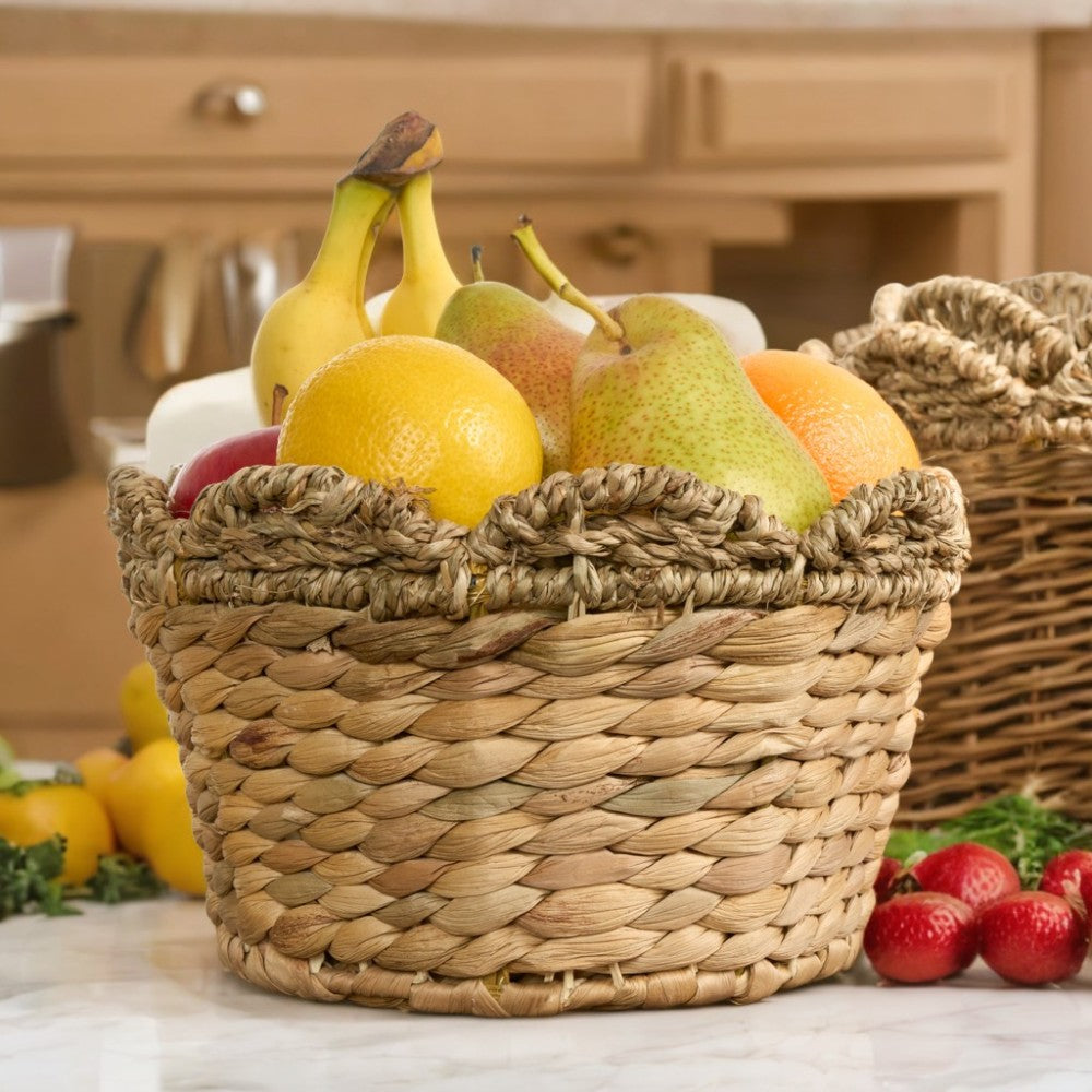 Water Hyacinth Woven Round Multi Use Kitchen and Bathroom 14" / 12" / 10" Basket Natural Brown