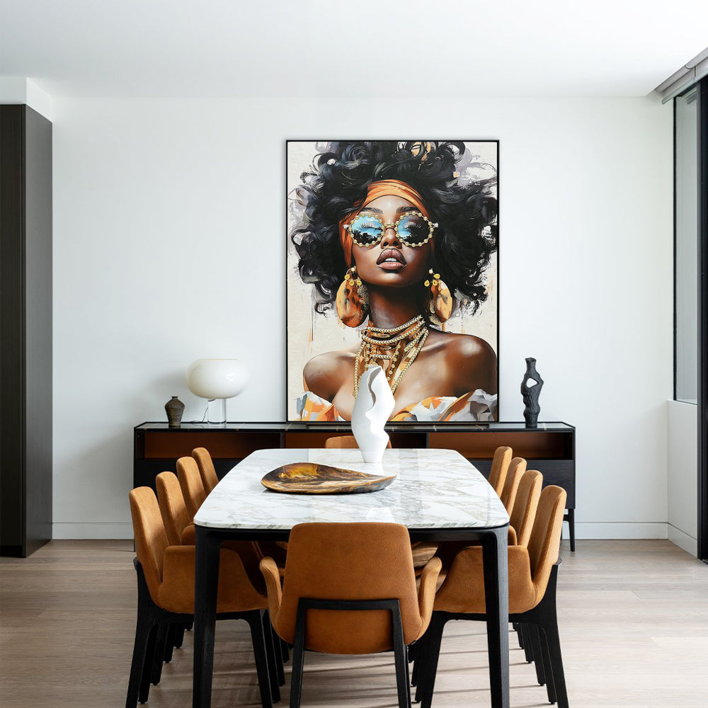 African American Woman Canvas Wall Art Black Girl with Curly Hair Sunglasses Orange Headwrap Earrings and Necklaces Modern Afrocentric Decor for Living Room Bedroom Office decorative picture