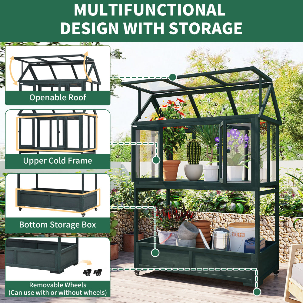 [Assembly Video Available] TOPMAX Garden Wood Portable Cold Frame with Movable Wheels Mini Greenhouse with Openable Roof and Storage Box, Forest Green