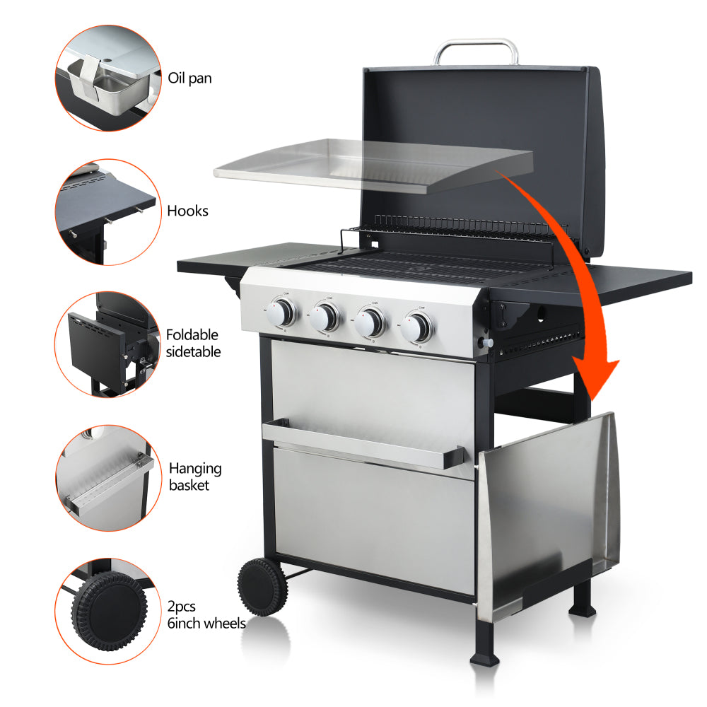 4-Burner Propane Gas BBQ Grill, SS Plancha, 49200BTU Output With Wire Enamel Cooking Grids For Outdoor Barbecue, Foldable Side Table, Hanging Basket, Stainless Steel
