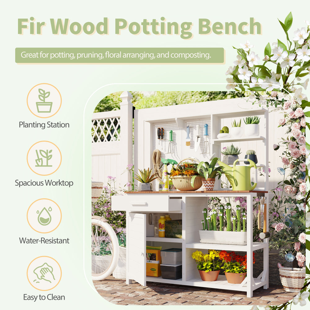 [Assembly Video] TOPMAX Fir Wood Potting Bench with Hutch, Garden Workstation for Planting, 4 Shelves & Adjustable Storage, Pegboard with Hooks, 50.2''Countertop, Drawer & Cabinet, White