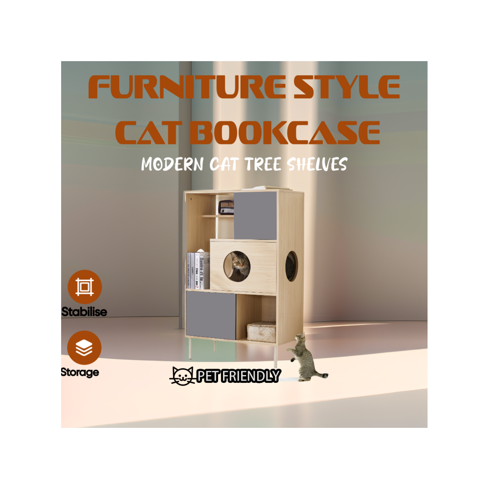2 IN 1 Modern Cat Tree Bookshelf with Storage, Wood Bookcase with Litter Box Enclosure, Cat Climbing Shelves with Hidden Storage