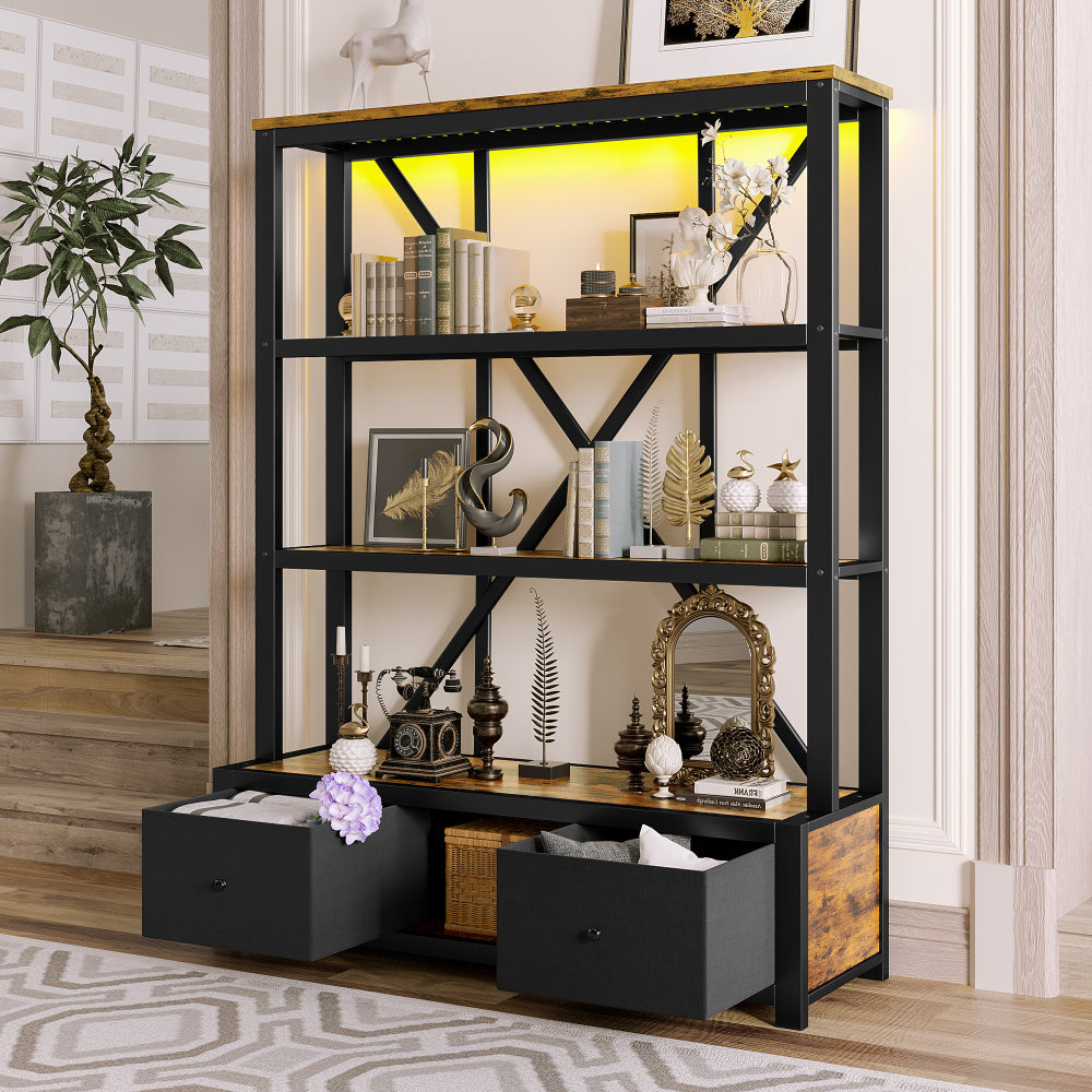 3-Shelf Metal Bookcase with Drawers for Home Office, Open Bookcase, Vintage Industrial Style Bookcase with LED,Vintage wood color