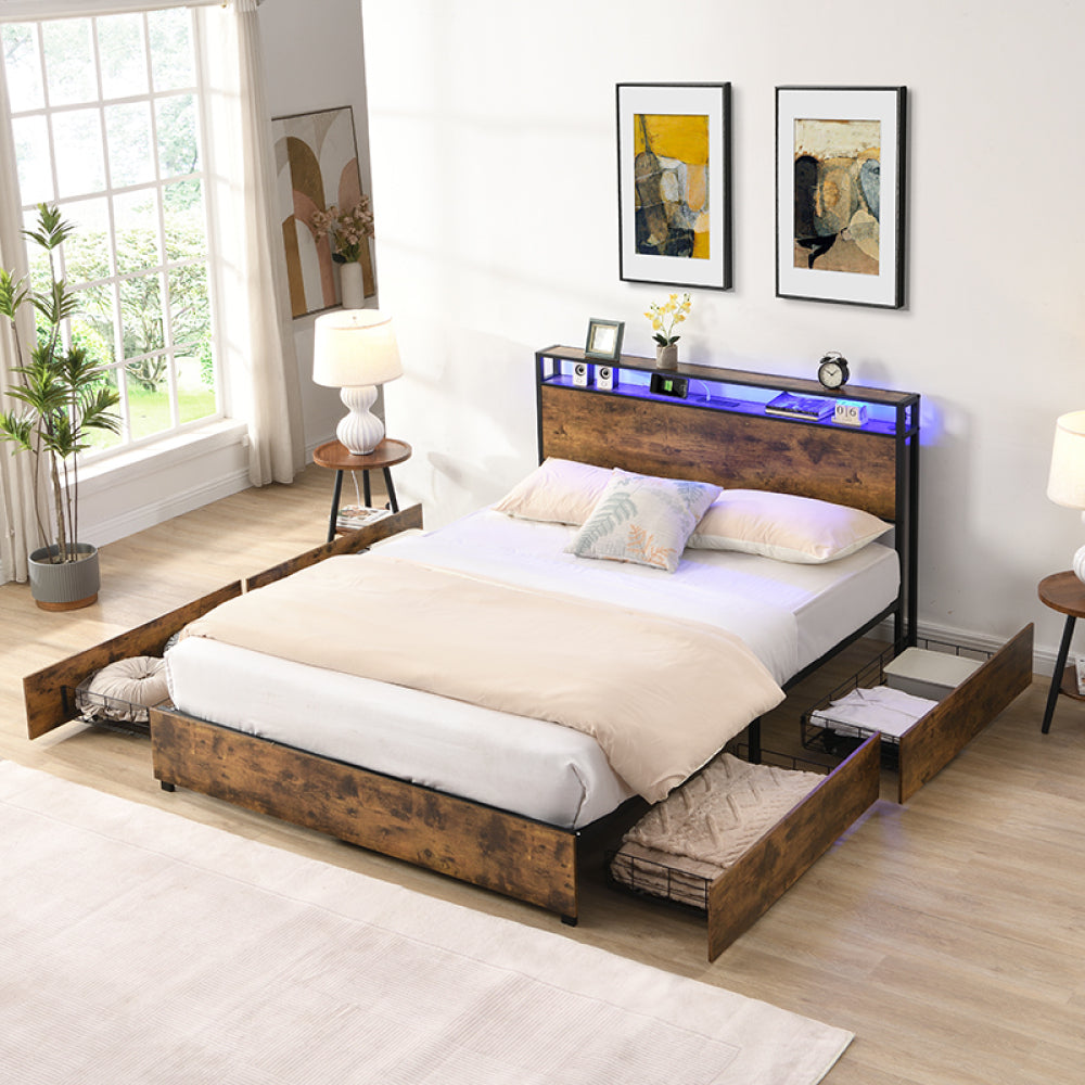 Full Bed Frame, Storage Headboard with Charging Station, Solid and Stable, Noise Free, No Box Spring Needed, Easy Assembly