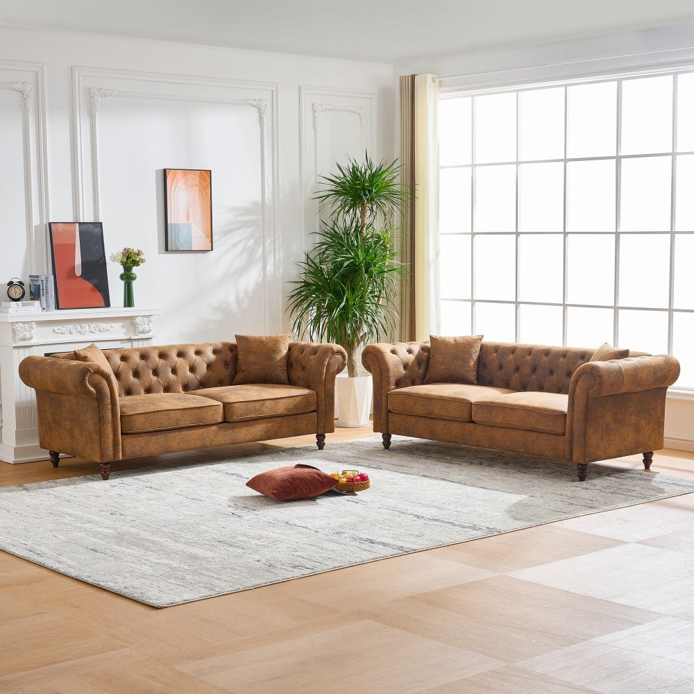 66"Chesterfield ‌Faux Leather Sofa,High-tech Fabric Roll Armrest Sofa,Upholstered Mid Century Modern Couch,2 Seater Couch for Living Room, Office, Apartment, Brown