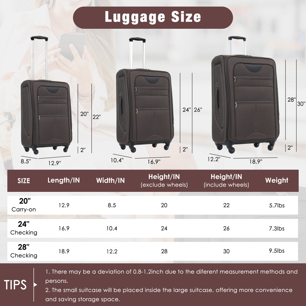 Softside Luggage Expandable 3 Piece Set Suitcase with Duffel Bag Upright Spinner Softshell Lightweight Luggage Travel Set