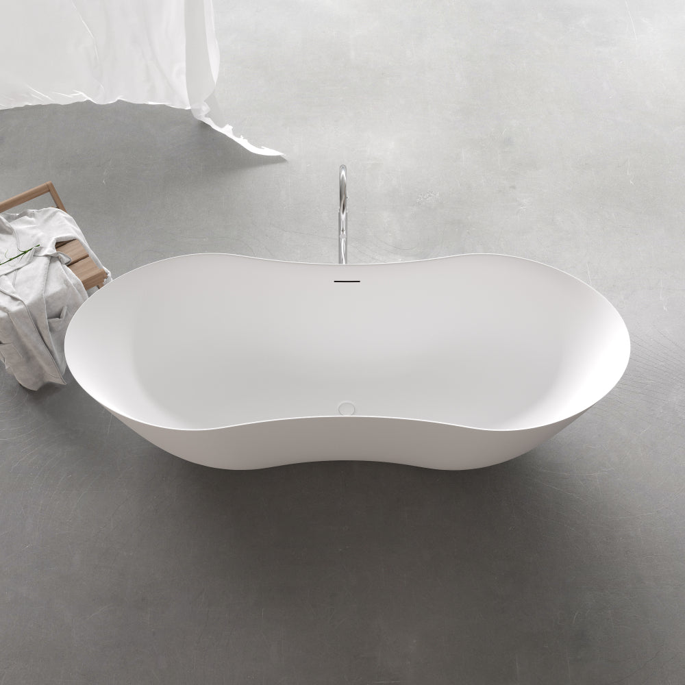 67" Freestanding Solid Surface Bathtub, Stone Resin Freestanding Bath Tub with Overflow and Pop-up Drain, Matte White 24S10-67MW