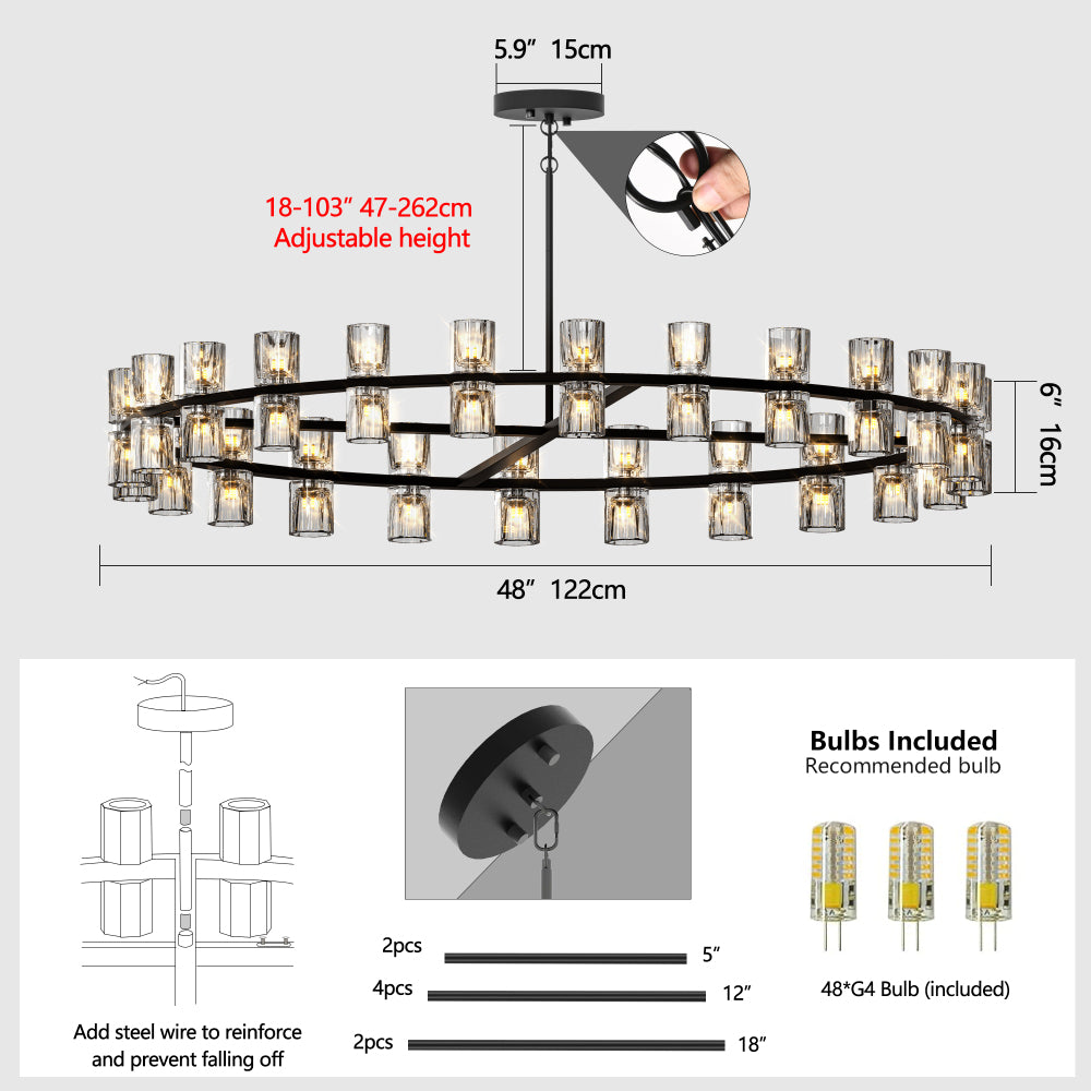 (L005030-D48-P48B/W1340P310779)48 Inches Luxury Chandeliers Crystal Living Room Decorative Lights Simple Modern Dining Room LED Lighting,for Home Decor (Bulbs Included) Black