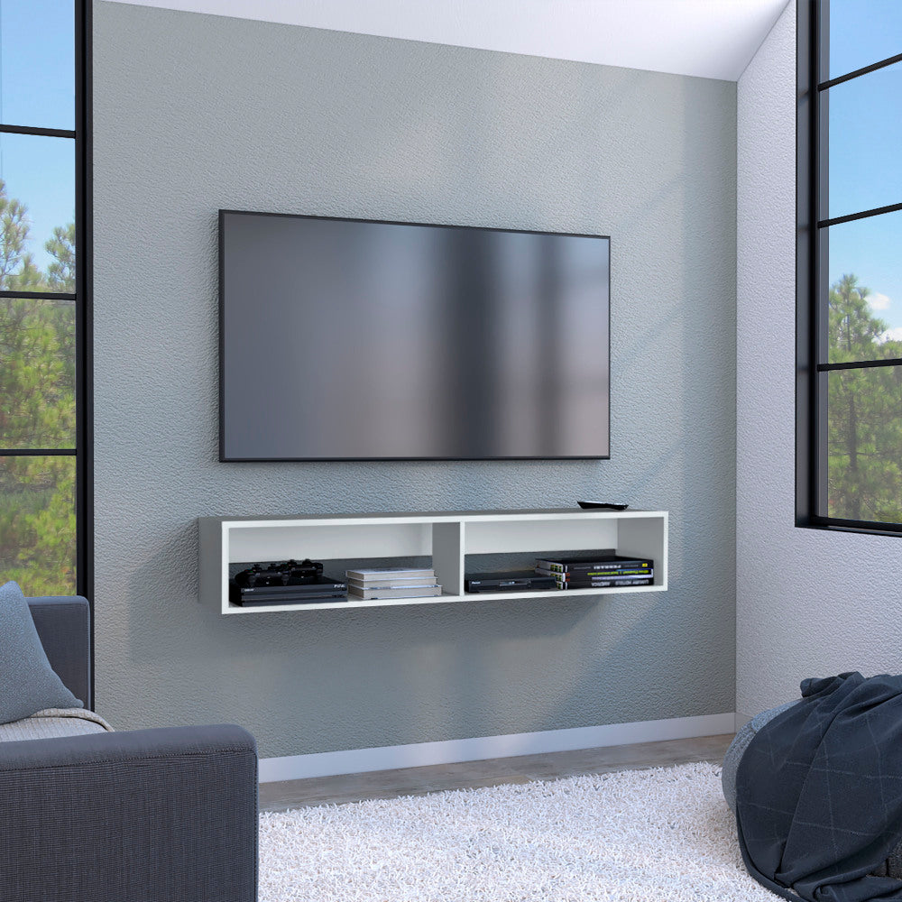 Warrior 59" Floating Tv Stand with Two open shelves, media compartments and cable management Light Gray