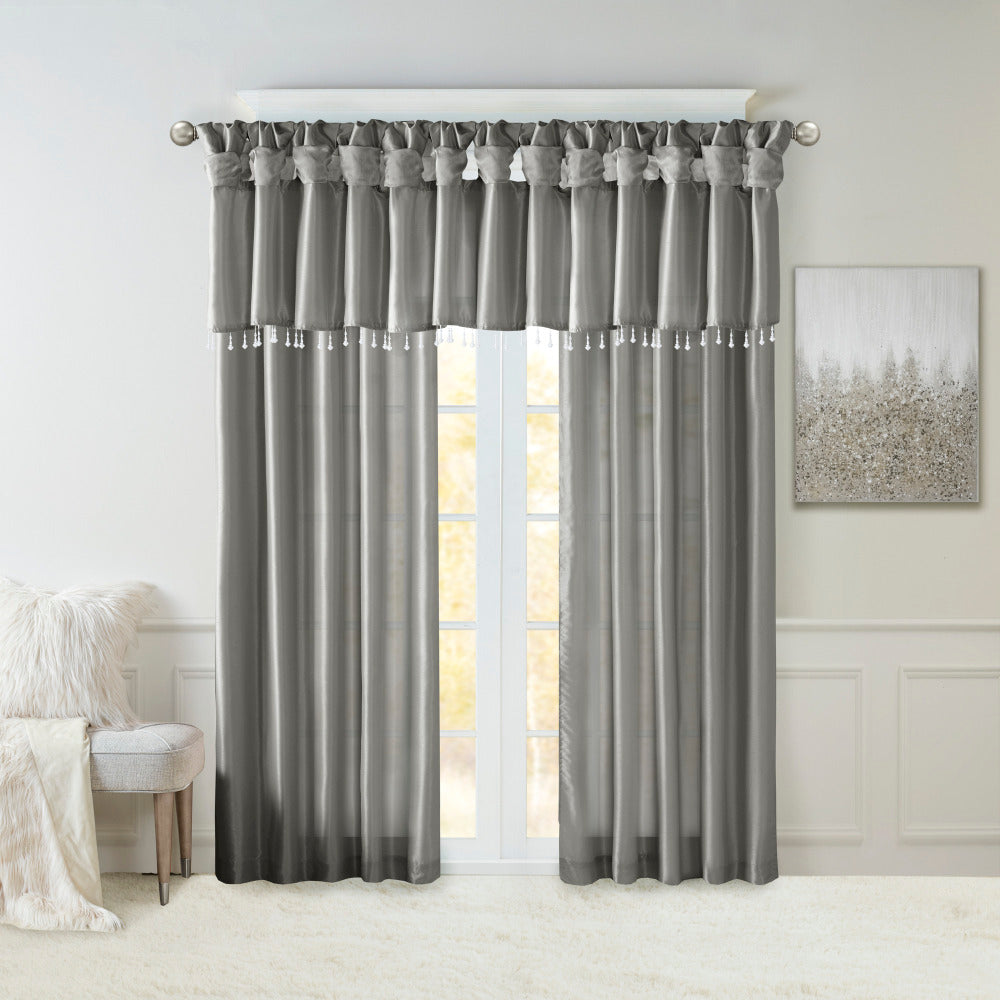 Lightweight Faux Silk Valance With Beads Charcoal 50x26"