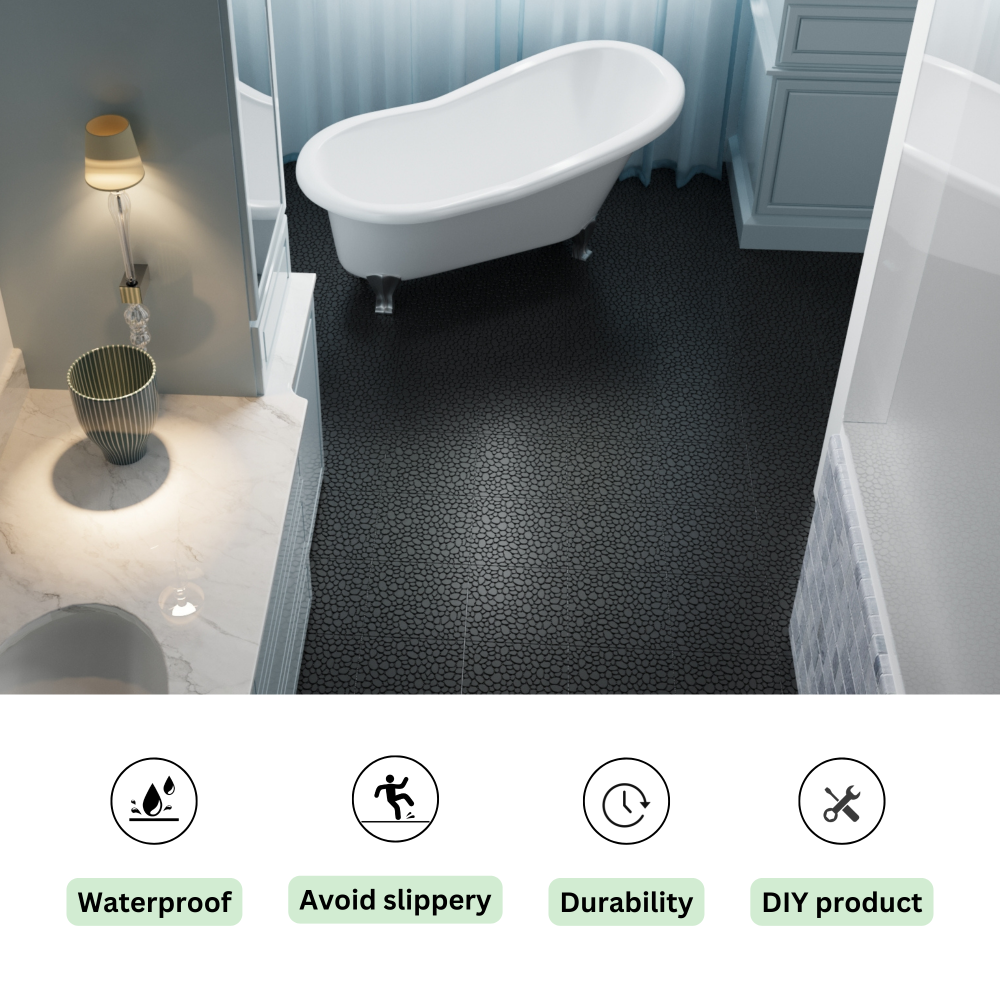 12 x 12 Inch Black Interlocking Deck Tiles Plastic Waterproof Outdoor All Weather Anti-slip Bathroom Shower Balcony Porch Strong Weight Capacity Upto 440 LBS, Pebble Stone Pattern Pack of 60