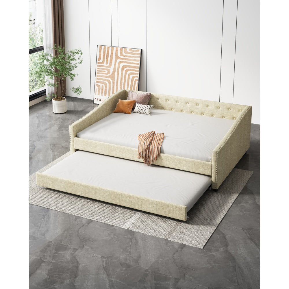 Twin Size Daybed with Drawers Upholstered Tufted Sofa Bed, with Button on Back and Piping on Waved Shape Arms-Light Grey