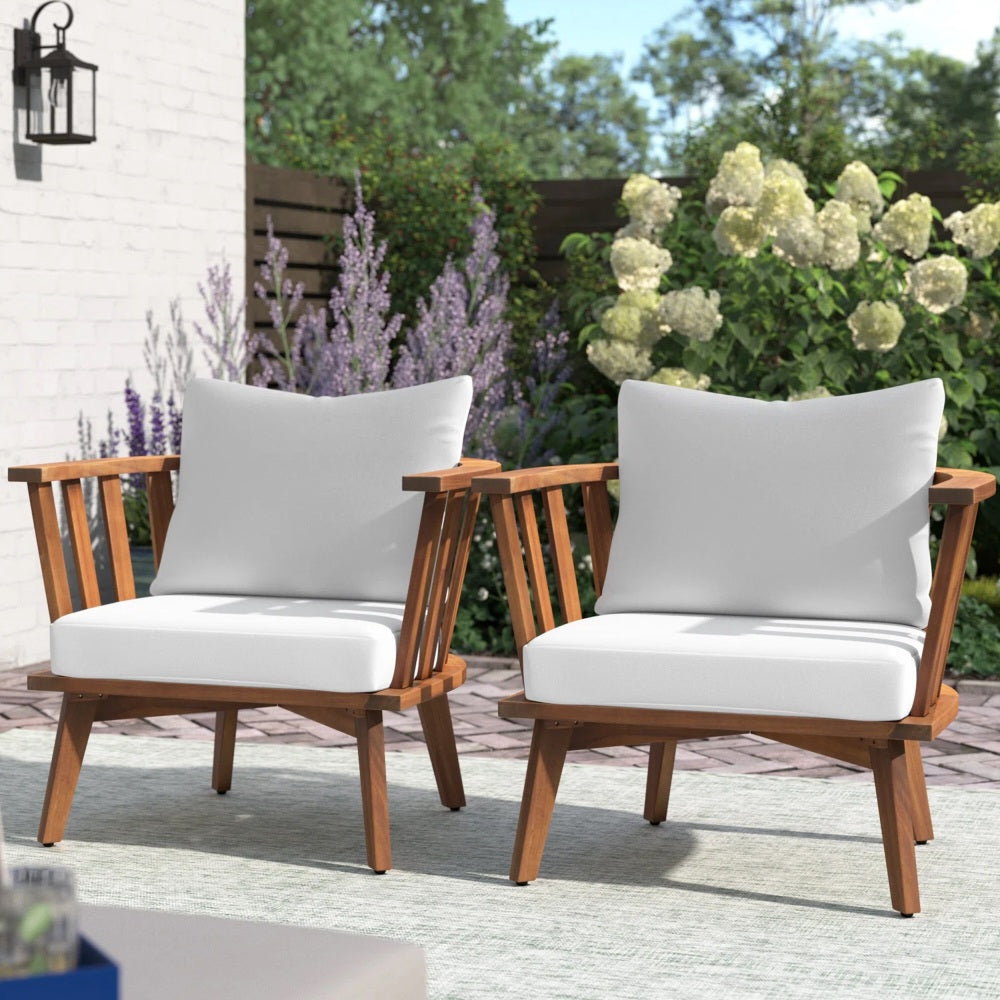 Set of 2, Outdoor Acacia Wood Patio Club Chair, Wooden Patio Furniture,Waterproof Thick Cushion Deep Seating for Porch, Garden, Backyard, Balcony, Weight Capacity 400lbs, Teak Finish, White