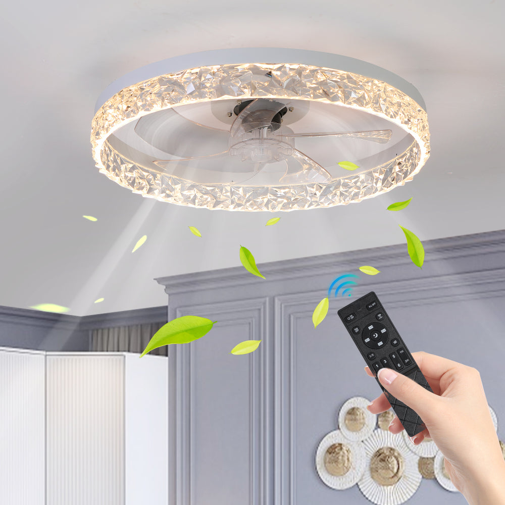 20" Brown Ceiling Fan with LED Light – Modern Flush Mount Fan Light for Bedroom, Living Room, and Home Décor with Crystal Ring Design
