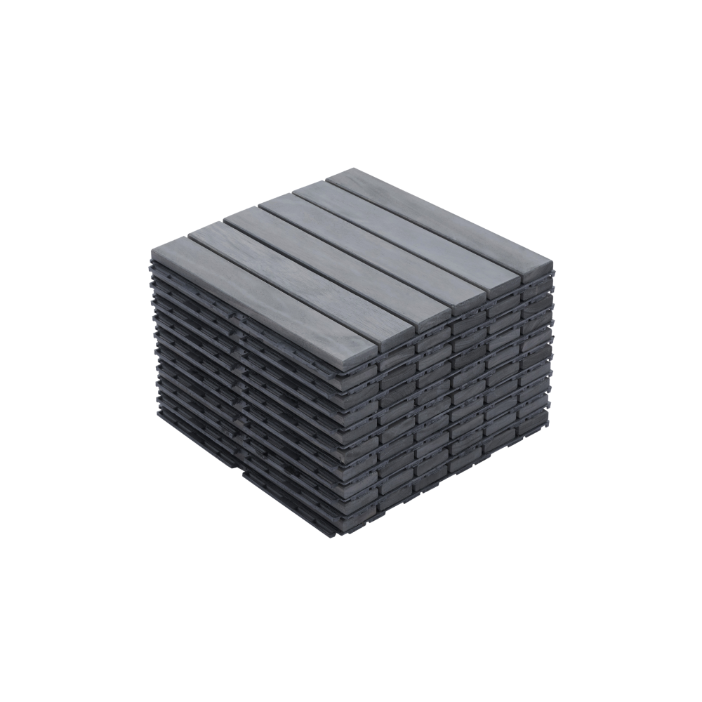 10 PCS Interlocking Deck Tiles Striped Pattern, 12" x 12" Square Light Gray Acacia Hardwood Outdoor Flooring for Patio, Bancony, Pool Side,...