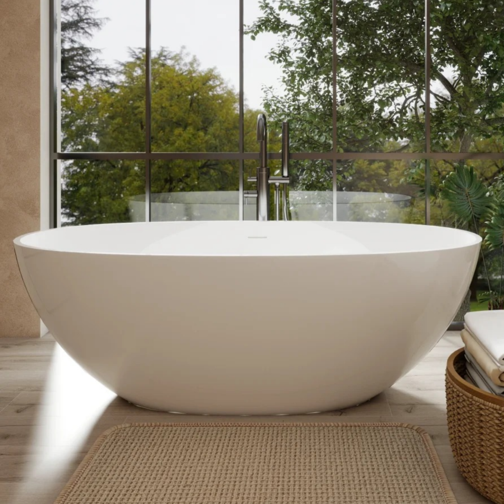 65" Freestanding Solid Surface Bathtub, Luxury Handcrafted Stone Resin Freestanding Soaking Bathtub with Overflow and Pop-up Drain, Glossy White 24S06-65GW