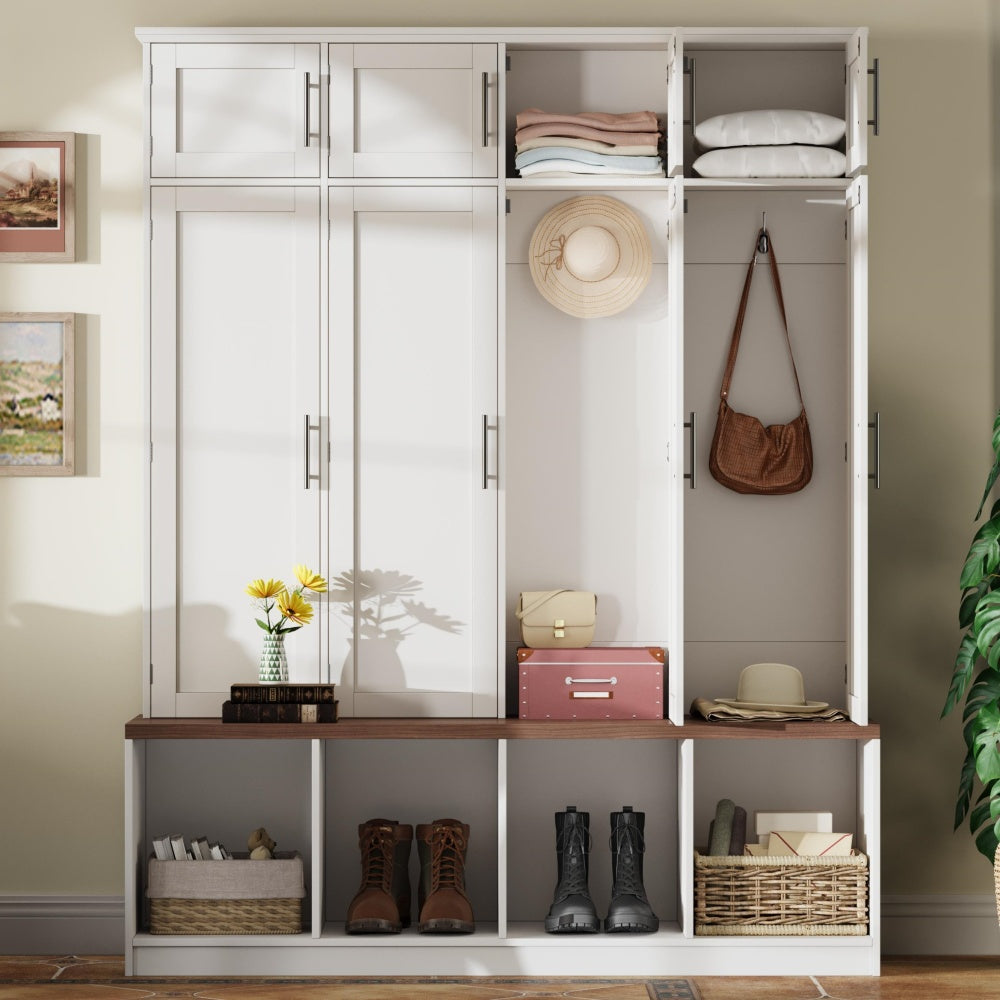 [Assembly Video Provided] ON-TREND Farmhouse Hall Tree with 4 Hidden Hanging Hooks, Versatile Walnut Seating Bench with 8 Doors, Entryway Shoe Cabinet with Open Compartments for Living Room,  White