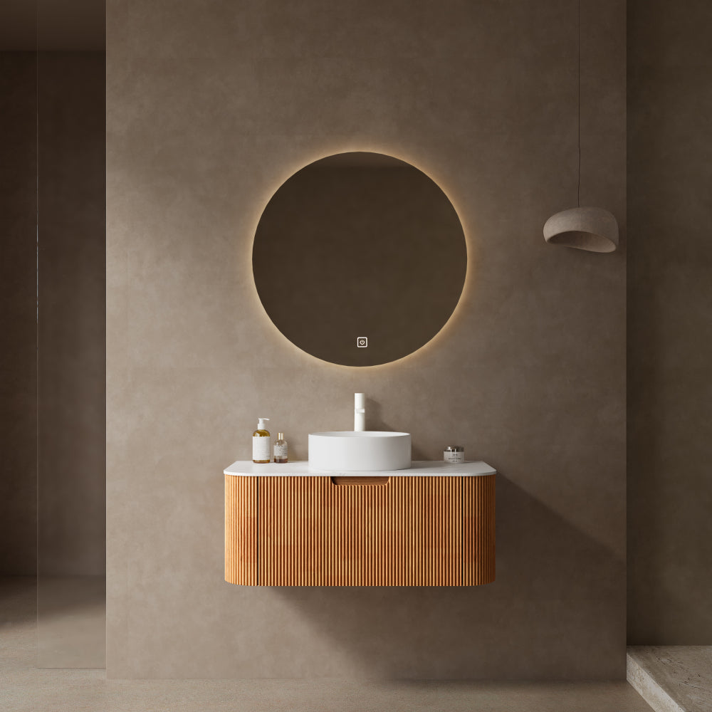 DINA 24" Bathroom Vanity with Sink, Wall-Mounted Floating Curved Edges Striped Bathroom Storage Cabinet with a Drawer, White Round Ceramic Basin without Faucet, Pre-assembled, Natural Woodgrain Color