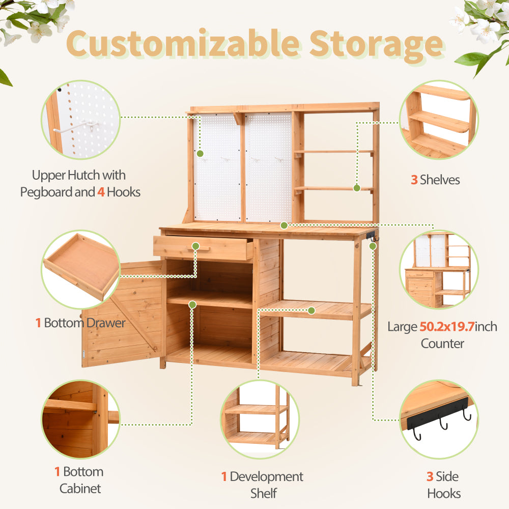 [Assembly Video] TOPMAX Fir Wood Potting Bench with Hutch, Garden Workstation for Planting, 4 Shelves & Adjustable Storage, Pegboard with Hooks, 50.2''Countertop, Drawer & Cabinet, Natural