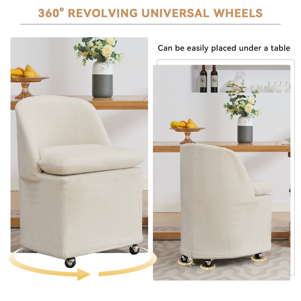 058-Set of 2 Chenille Fabric Dining Chairs With Universal Wheels,Beige