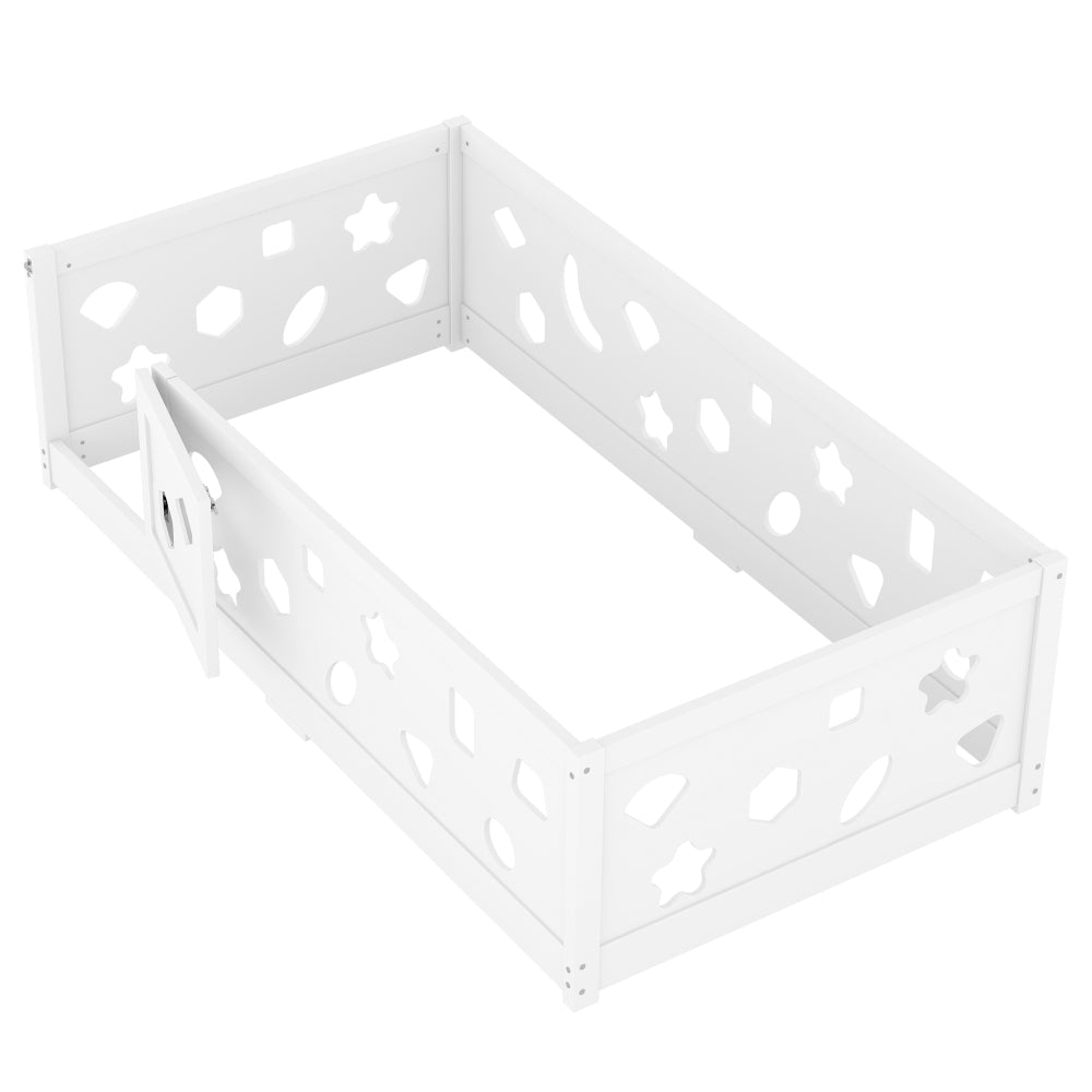 Twin Size Floor Bed with Heightened Safety Guardrails and Door, Solid Wood Bedframe with Rails for Girls, Boys, Teens, Child Bedroom, Kids Playroom, No Slats Included, White