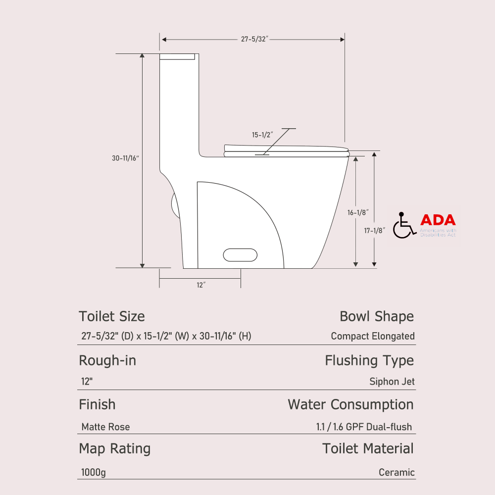 1.1/1.60 GPF Dual-Flush One Piece Toilet, Water-Saving Elongated Comfort Height Floor Mounted, Soft Close 1000 Gram Map Flushing Score Toilet, Pink Rose 24T01-RS