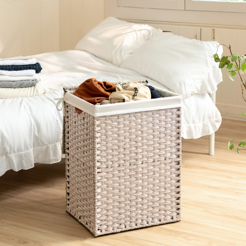 Laundry Hamper With Lid PE Rattan Powder Coating Frame Clothes Hampers with 01 Removable Bags, 100L, Gray Color