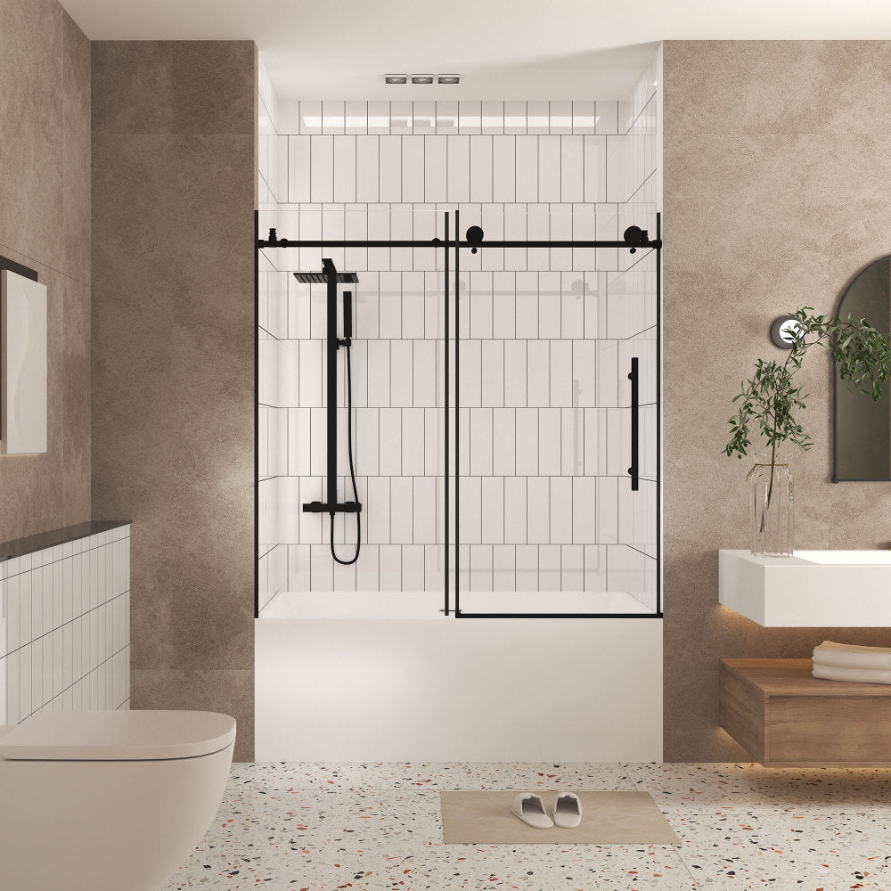 Frameless shower door 56-60 "W x 60" H, 1/4 "(6 mm) Clear Tempered Glass, Explosion Proof Film, Stainless Steel Handle, Matte Black