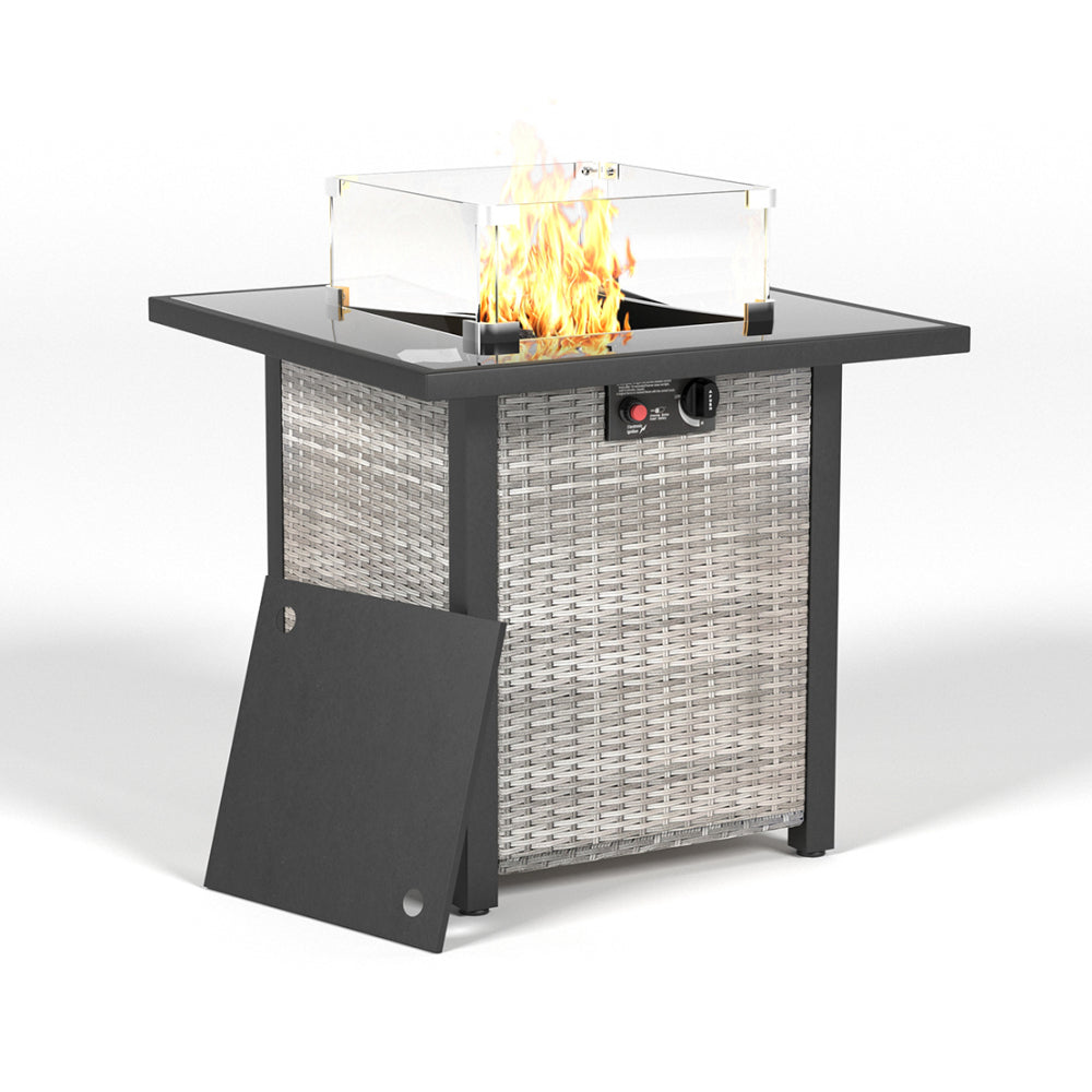 28 Inch Propane Fire Pit Table, Rattan & Wicker-Look, 50000 BTU Gas Firepits Tempered Glass Tabletop with Glass Windscreen Protector for Outside Patio and Garden(Grey+White)