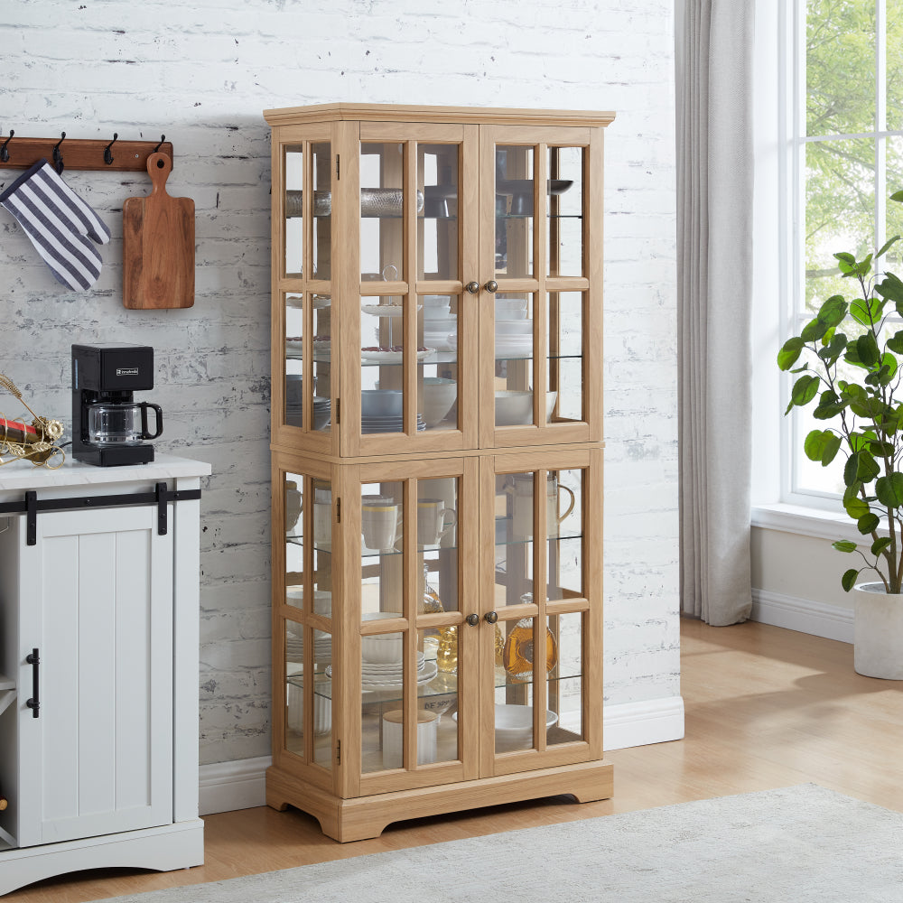Curio Display Cabinet,Antique Display Cabinet with Glass Doors Adjustable Shelves for Collectibles Four Door Design Vintage Showcase for Home or Office Antique Display Case E26 Bulb Included  OAK