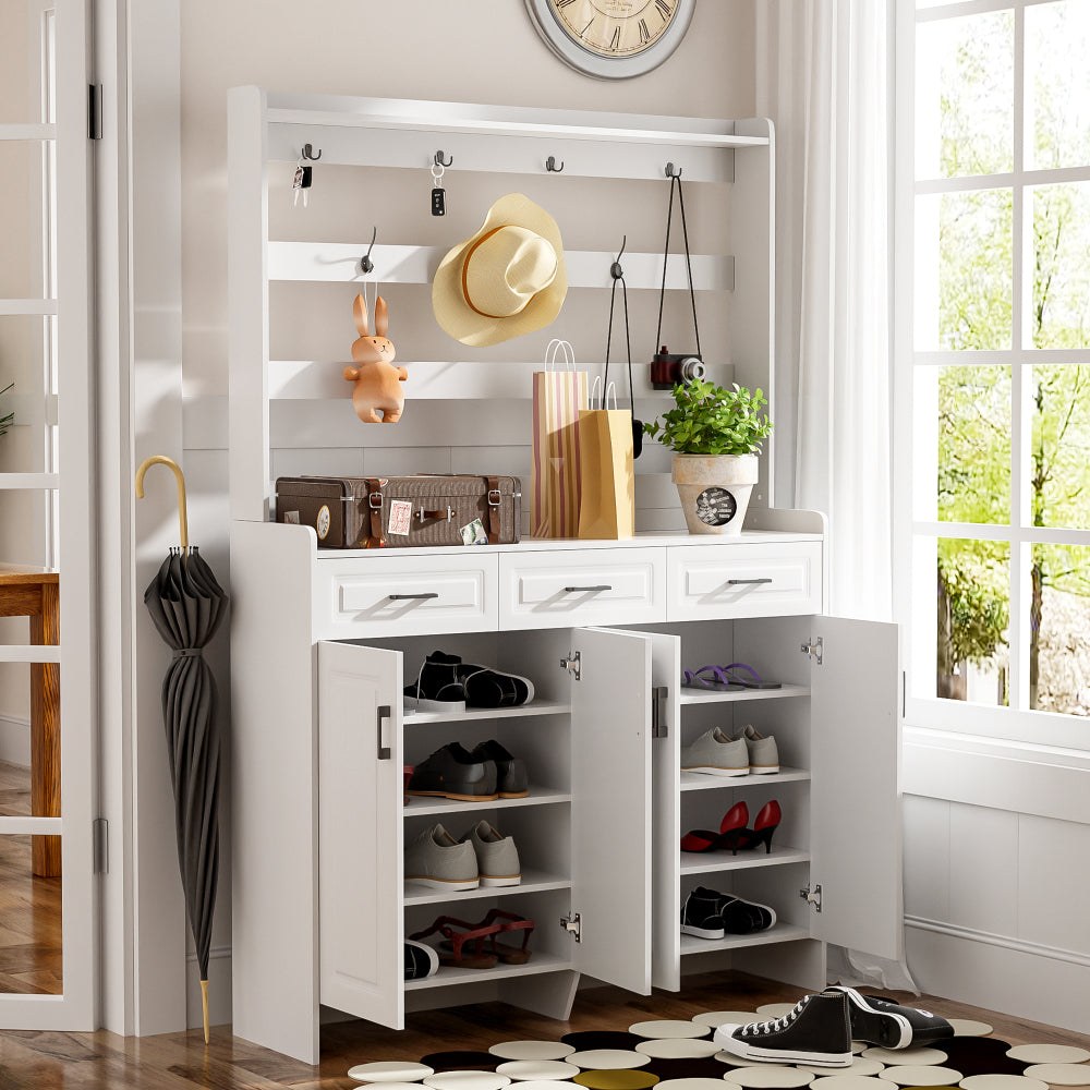 U-Can 51.2''Minimalist Four-Door Shoe Cabinet with Coat Rack, Spacious Top,3 Drawers, 8 Shelves, Metal hooks and handles for Hallway, Entryway, Living Room