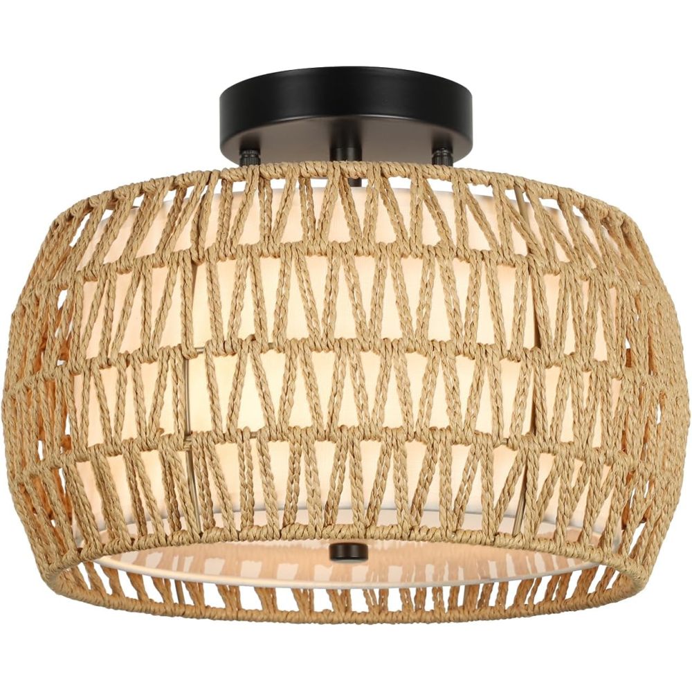 Boho Light Fixtures Ceiling Mount, Rattan Semi Flush Mount Ceiling Light, Farmhouse Light Fixtures with Fabric Shades, Kitchen Close to Ceiling Light Fixtures for Living Room Bedroom Hallway